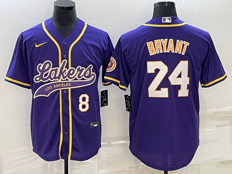 Men's Los Angeles Lakers Front #8 Back #24 Kobe Bryant Purple Cool Base Stitched Baseball Jersey